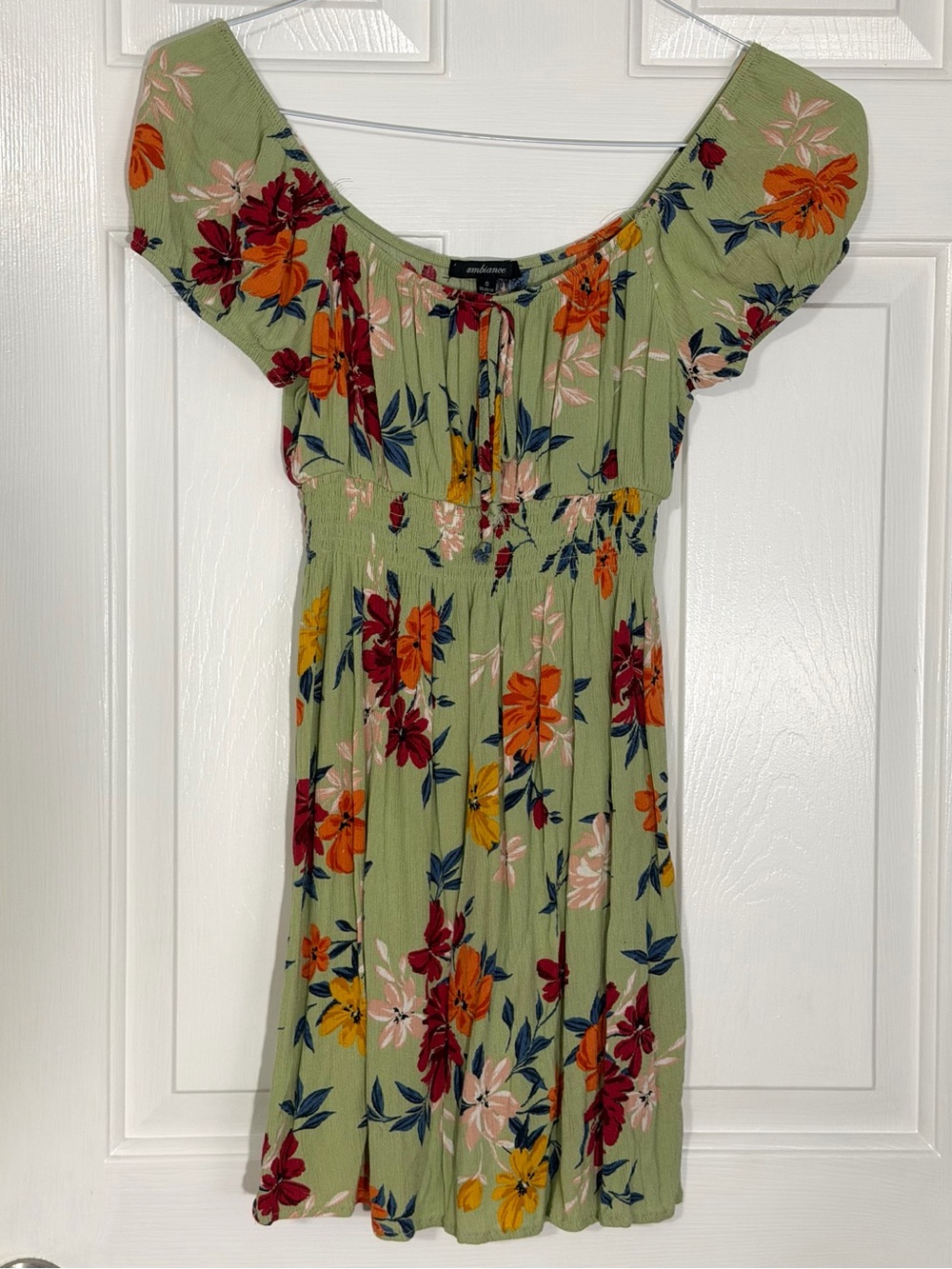 Peasant Floral Print Smocked Sage Green Mini Dress | Size S
